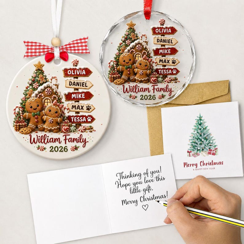 Personalized Family Christmas Ornament 2026, Custom Name Gingerbread Signpost, Glass Tree Keepsake, Gift for Parents & Grandparents