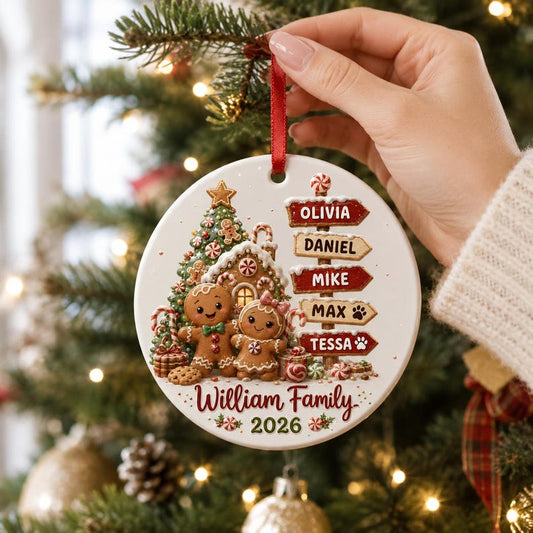 Personalized Family Christmas Ornament 2026, Custom Name Gingerbread Signpost, Glass Tree Keepsake, Gift for Parents & Grandparents