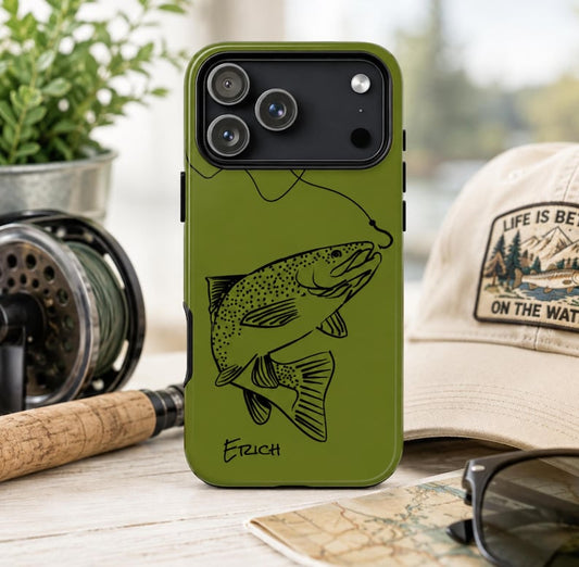 Personalized Trout Fishing iPhone Case, Custom Fisherman Gift, Tough iPhone Cover, Monochromatic Fish, Lake Life, Fishing Lover Gift