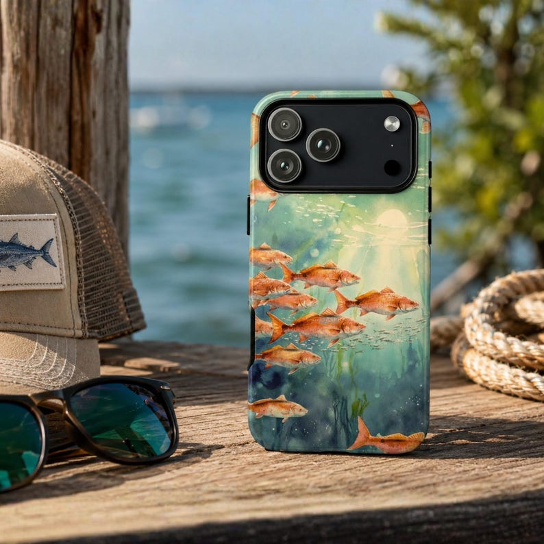 Redfish Phone Case, Tough Case iPhone 17 16 Pro Max, Fishing Phone Cover, Coastal Redfish Artwork, Fisherman Gift, Lucky Levi