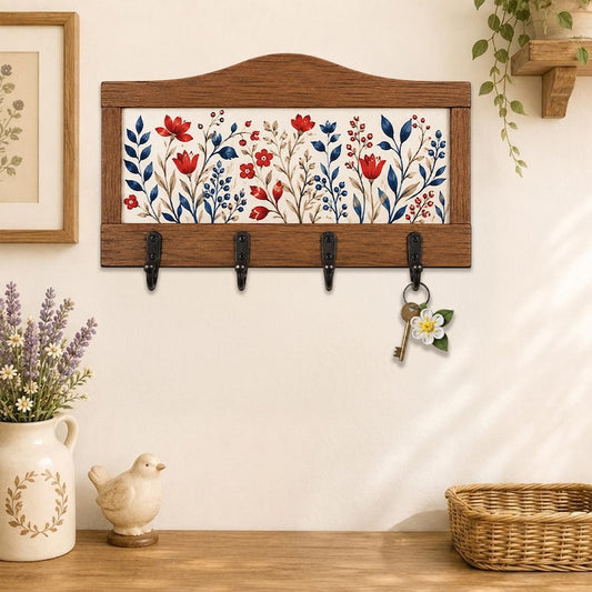 Vintage Wildflower Wooden Key Holder for Wall: Floral Entryway Hanger Rack Decor