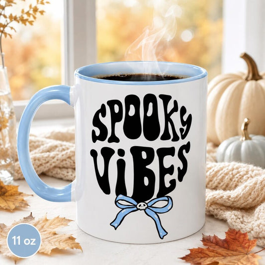 Spooky Vibes Halloween Mug, Gothic Skull Bow Accent Coffee Cup (11oz or 15oz)