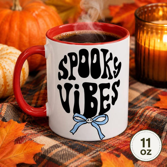 Spooky Vibes Halloween Mug, Gothic Skull Bow Accent Coffee Cup (11oz or 15oz)