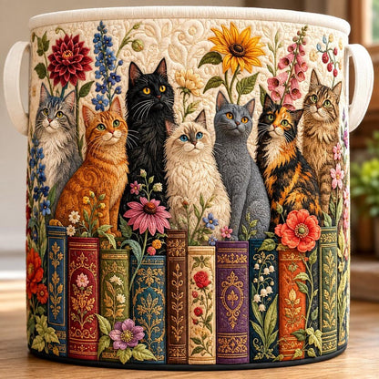 Bookish Whisker Cat Quilted Laundry Basket: Reading Cat Storage Bin, Bookworm Fabric Hamper