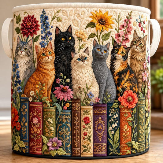 Bookish Whisker Cat Quilted Laundry Basket: Reading Cat Storage Bin, Bookworm Fabric Hamper
