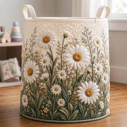 Daisy Quilted Laundry Basket: Botanical Floral Storage Bin, Daisy Flower Fabric Hamper