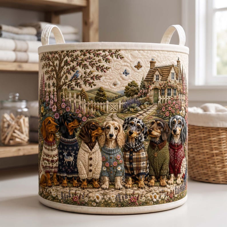 Doxie Row Quilted Laundry Basket: Dachshund Dog Storage Bin, Pet Lover Fabric Hamper