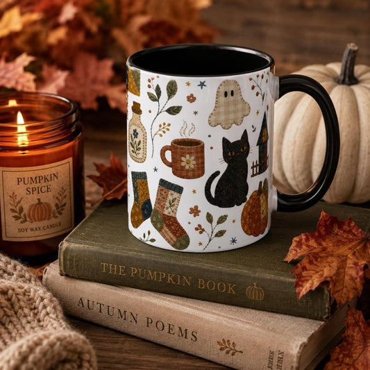 Faux Patchwork Halloween Mug, Witchy Black Cat Pumpkin Coffee Cup, Cottagecore Folk Art