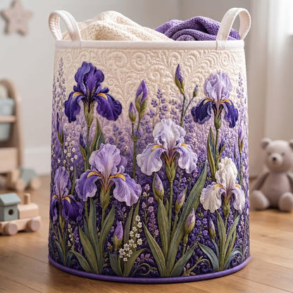 Iris Quilted Laundry Basket: Botanical Floral Storage Bin, Garden Iris Fabric Hamper