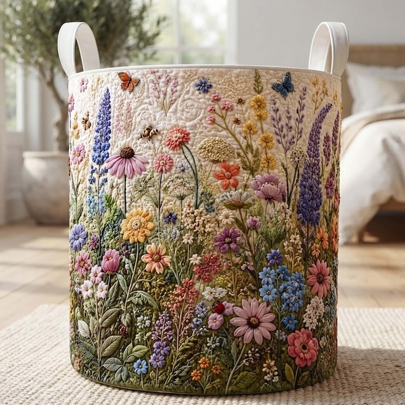 Wildflower Quilted Laundry Basket: Blossom Floral Clothes Hamper, Gift For Mom