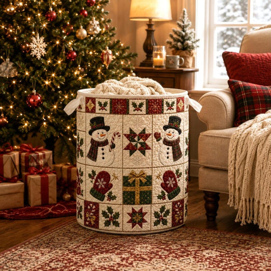 Christmas Quilted Laundry Basket, Christmas Snowman Hamper, Holiday Storage Basket, Xmas Laundry Room Decor, Blanket Organizer, Winter Decor