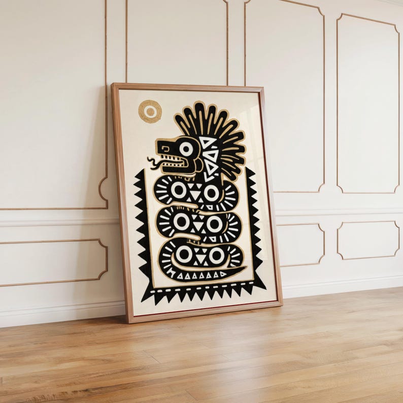 Quetzalcoatl Print, Traditional Mexican Folk Art, Aztec Serpent Wall Decor, Indigenous Latin Mythology Poster, Mexico Tribal Snake Gift
