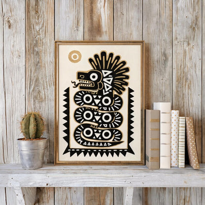 Quetzalcoatl Print, Traditional Mexican Folk Art, Aztec Serpent Wall Decor, Indigenous Latin Mythology Poster, Mexico Tribal Snake Gift