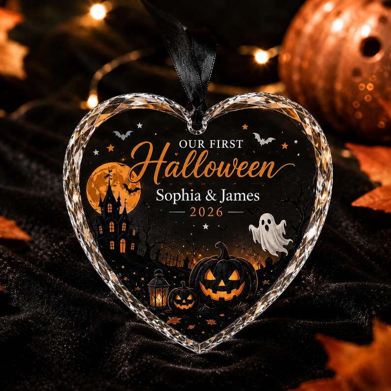 Our First Halloween Ornament, Personalized Couple Heart Keepsake with Custom Names and Year, Spooky Haunted House Pumpkin Ghost Gift 2026