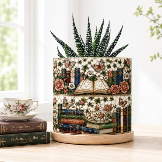 Bookshelf Floral Stained-Glass Style Plant Pot, Book Lover Gift, Bookish Gift For Reader, Library Decor, Librarian Bookworm Gift for Reader