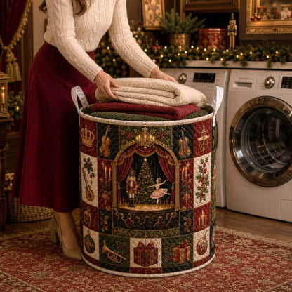 Christmas Quilted Laundry Basket, Nutcracker Christmas Hamper, Ballet Storage Basket, Holiday Laundry Room Decor, Xmas Blanket Organizer