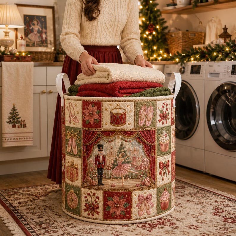 Christmas Quilted Laundry Basket, Nutcracker Christmas Hamper, Ballet Storage Basket, Holiday Laundry Room Decor, Xmas Blanket Organizer