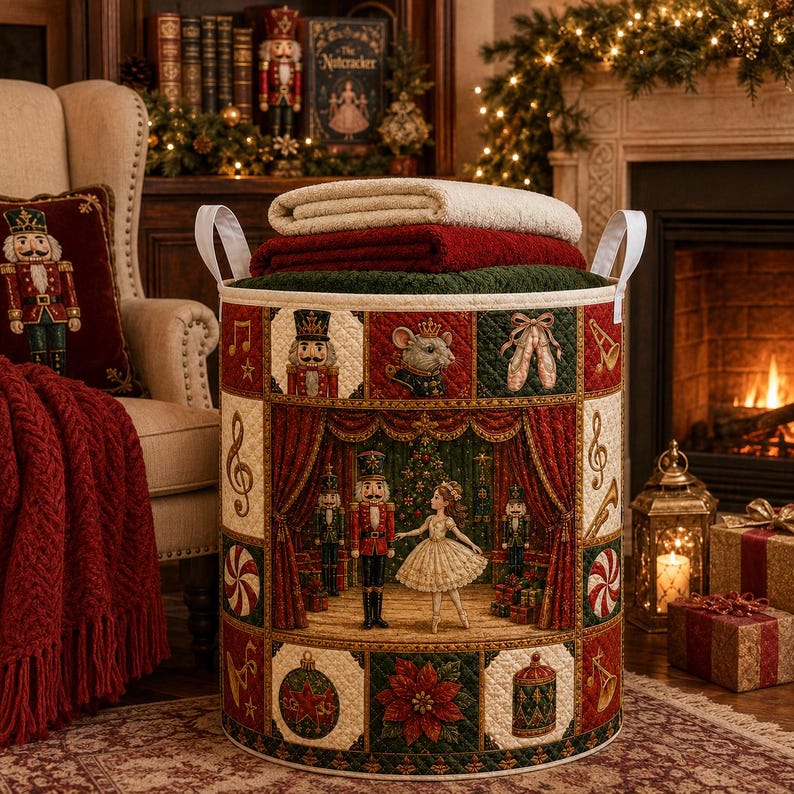 Christmas Quilted Laundry Basket, Nutcracker Christmas Hamper, Ballet Storage Basket, Holiday Laundry Room Decor, Xmas Blanket Organizer