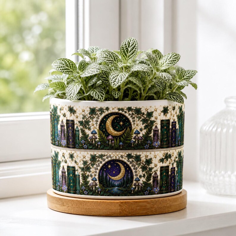Floral Bookish Stained-Glass Style Moon & Star Plant Pot, Floral Bookshelf, Librarian Gift, Teacher Back to School Gift, Book Lover Gift