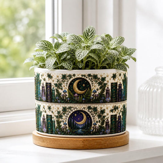 Floral Bookish Stained-Glass Style Moon & Star Plant Pot, Floral Bookshelf, Librarian Gift, Teacher Back to School Gift, Book Lover Gift