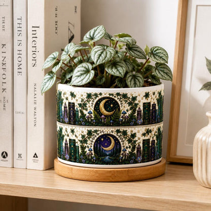 Floral Bookish Stained-Glass Style Moon & Star Plant Pot, Floral Bookshelf, Librarian Gift, Teacher Back to School Gift, Book Lover Gift