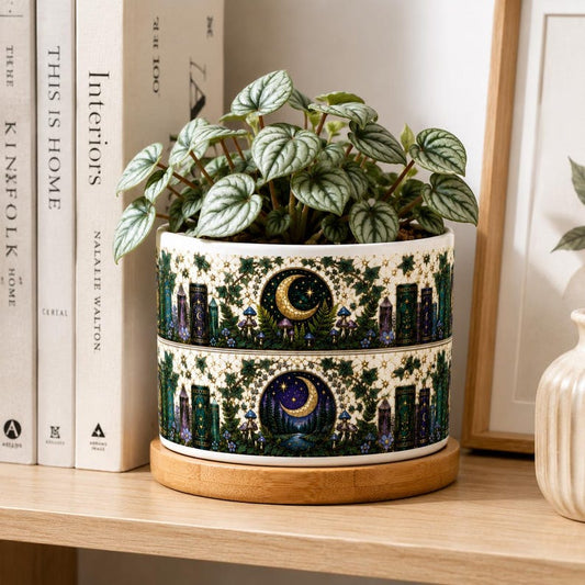 Floral Bookish Stained-Glass Style Moon & Star Plant Pot, Floral Bookshelf, Librarian Gift, Teacher Back to School Gift, Book Lover Gift