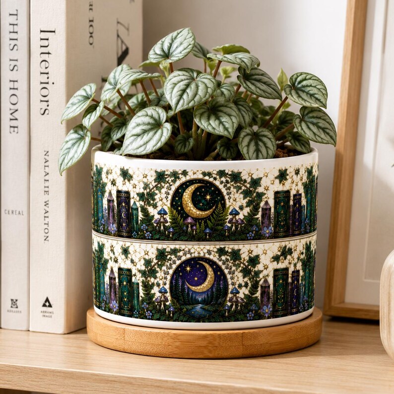 Floral Bookish Stained-Glass Style Moon & Star Plant Pot, Floral Bookshelf, Librarian Gift, Teacher Back to School Gift, Book Lover Gift