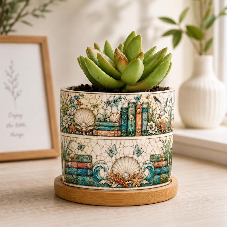 Ocean Stained Glass Bookshelf Design Plant Pot, Reader Gift, Gift for Her, Bookish Decor Reading Room Art, Librarian Teacher Appreciation