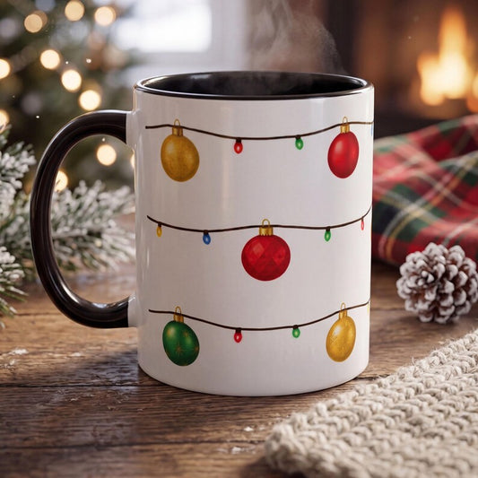 Christmas Ornaments Mug, Holiday Lights Coffee Mug, Ornament String Mug, Cute Christmas Cup, Festive Winter Mug, Simple Christmas Gift