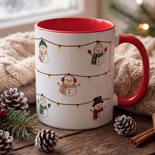 Snowman Lights Mug, Cute Snowman Coffee Mug, Christmas String Lights Mug, Watercolor Snowman Cup, Festive Winter Mug, Holiday Gift Mug