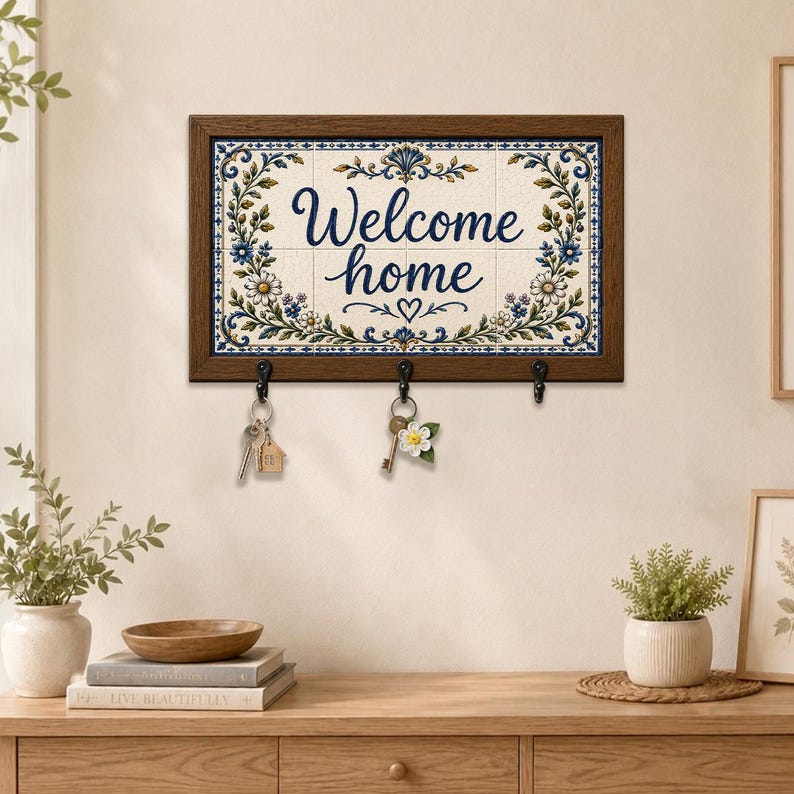 Welcome Home Wood Key Holder, Personalized Farmhouse Entryway Organizer Hooks