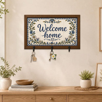 Welcome Home Wood Key Holder, Personalized Farmhouse Entryway Organizer Hooks