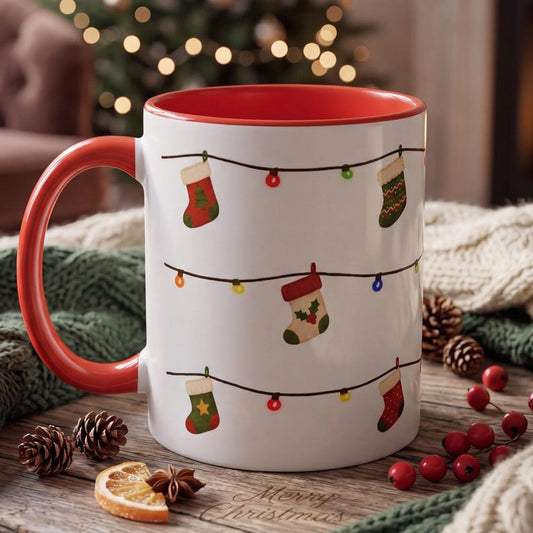 Christmas Stockings Mug, Holiday Lights Coffee Mug, Stocking String Lights Mug, Cute Christmas Cup, Festive Winter Mug, Holiday Gift Mug