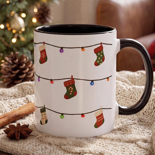 Christmas Stockings Mug, Holiday Lights Coffee Mug, Stocking String Lights Mug, Cute Christmas Cup, Festive Winter Mug, Holiday Gift Mug