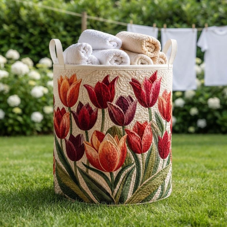 Tulip Field Quilted Laundry Basket: Spring Floral Clothes Hamper, Gift For Grandma
