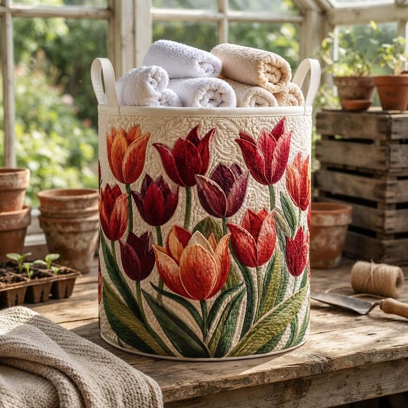 Tulip Field Quilted Laundry Basket: Spring Floral Clothes Hamper, Gift For Grandma
