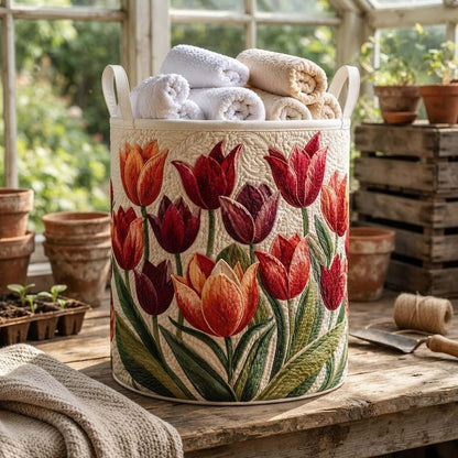 Tulip Field Quilted Laundry Basket: Spring Floral Clothes Hamper, Gift For Grandma