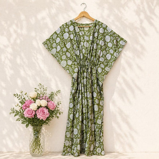 Hand Block Print Cotton Kaftan Dress, Plus Size Kaftan, Floral Maxi Caftan, Cotton House Dress, Beach Cover Up, Lounge Wear, Sleepwear Women