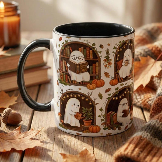 Cozy Ghost Mug, Cute Bookish Halloween Coffee Mug, Fall Cottagecore Ghost Reading Mug, Spooky Season Gift for Book Lovers