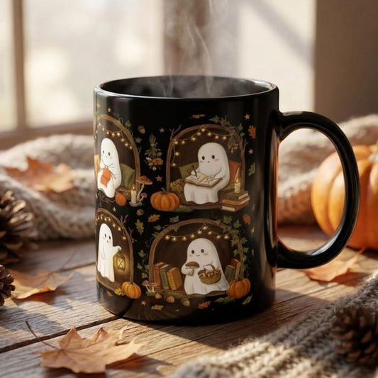 Cozy Ghost Mug, Cute Bookish Halloween Coffee Mug, Fall Cottagecore Ghost Reading Mug, Spooky Season Gift for Book Lovers