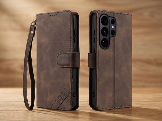 Samsung Folio Wallet Case, Vegan Leather Phone Cover, Galaxy Flip Case with Strap, Leather Card Holder, Protective Mobile Accessory