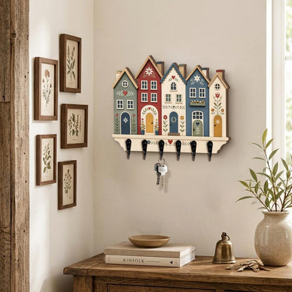Folk House Key Holder, Colorful Village Wall Key Rack, Scandinavian Floral Home Decor, Entryway Organizer, Wooden Key Hooks