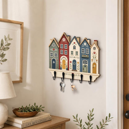 Folk House Key Holder, Colorful Village Wall Key Rack, Scandinavian Floral Home Decor, Entryway Organizer, Wooden Key Hooks