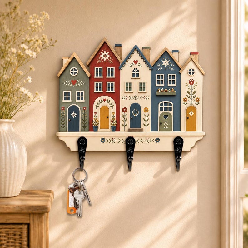 Folk House Key Holder, Colorful Village Wall Key Rack, Scandinavian Floral Home Decor, Entryway Organizer, Wooden Key Hooks
