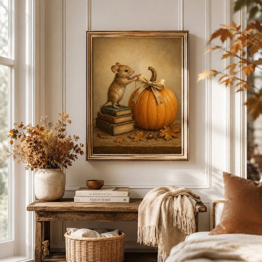 Autumn Mouse Wall Art, Cute Mouse and Pumpkin Poster, Vintage Style Fall Print, Cozy Cottagecore Decor, Gift for Book Lovers