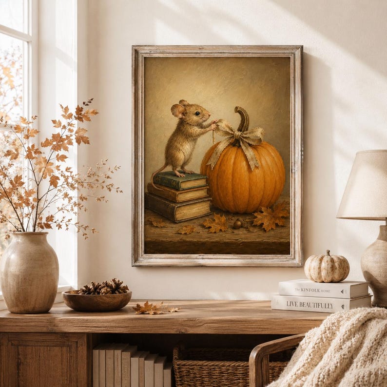 Autumn Mouse Wall Art, Cute Mouse and Pumpkin Poster, Vintage Style Fall Print, Cozy Cottagecore Decor, Gift for Book Lovers