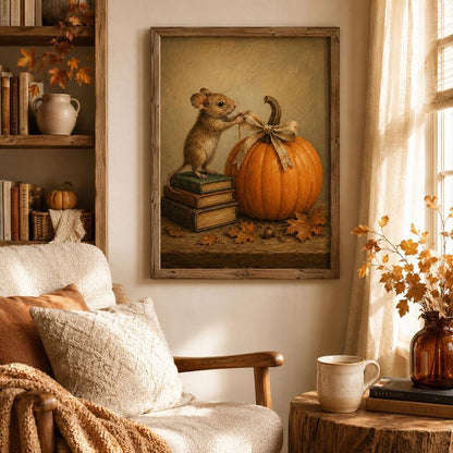 Autumn Mouse Wall Art, Cute Mouse and Pumpkin Poster, Vintage Style Fall Print, Cozy Cottagecore Decor, Gift for Book Lovers
