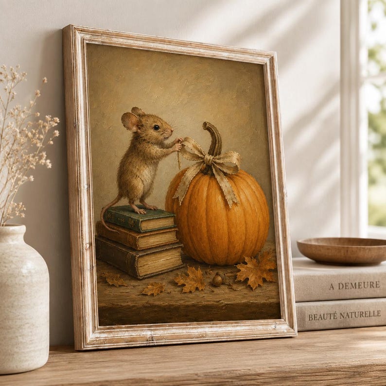 Autumn Mouse Wall Art, Cute Mouse and Pumpkin Poster, Vintage Style Fall Print, Cozy Cottagecore Decor, Gift for Book Lovers