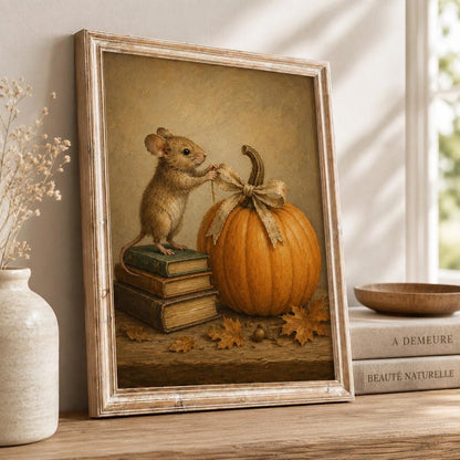 Autumn Mouse Wall Art, Cute Mouse and Pumpkin Poster, Vintage Style Fall Print, Cozy Cottagecore Decor, Gift for Book Lovers