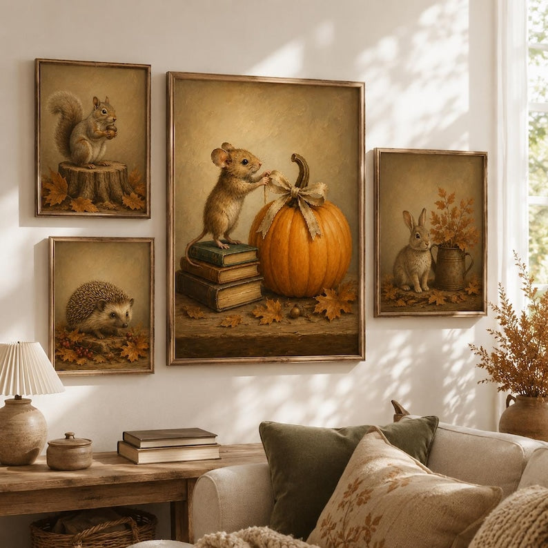 Autumn Mouse Wall Art, Cute Mouse and Pumpkin Poster, Vintage Style Fall Print, Cozy Cottagecore Decor, Gift for Book Lovers
